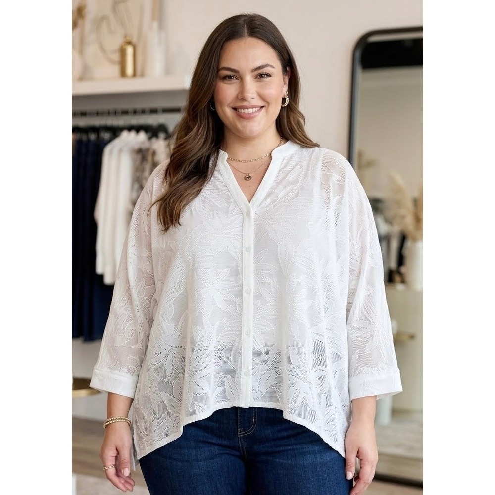 Black Label by Chico's Sheer Botanical Lace Oversized Top Size 2 Boho Etherial